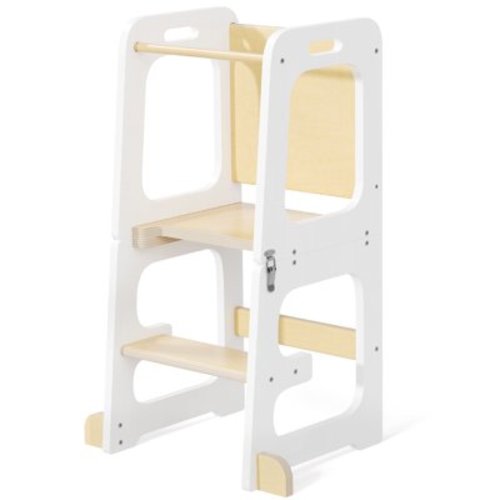 JOZ 3-in-1 Toddler Kitchen Stool Helper – Foldable Kids Standing Tower with Chalkboard and Safety Rail, Wooden Step Stool for Bathroom, Counter, and Learning