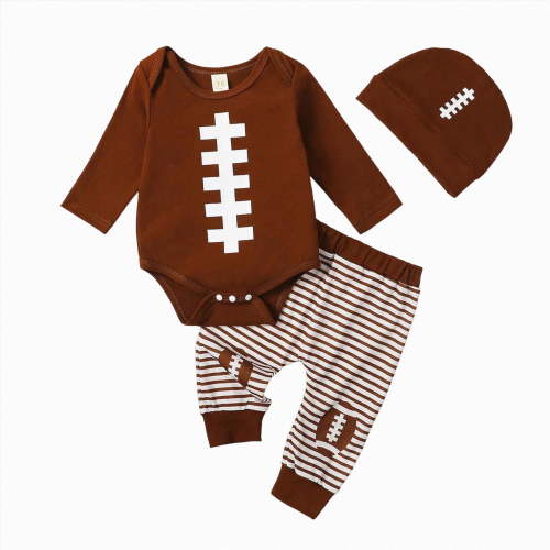 mgoYE Newborn Baby Boy Football Outfit 0-3 Months Long Sleeve Rugby Football Romper Pants Set Hat 3Pcs Infant Fall Clothes Brown