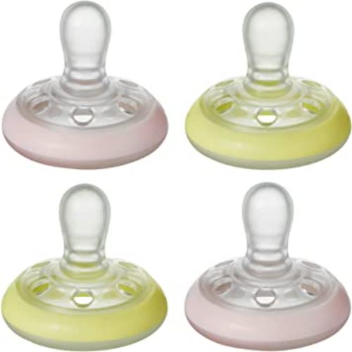 Tommee Tippee Breast-Like Pacifier Night, Glow in The Dark, Skin-Like Texture, Symmetrical Design, BPA-Free Binkies, 0-6m, 4-Count, Pink/Yellow