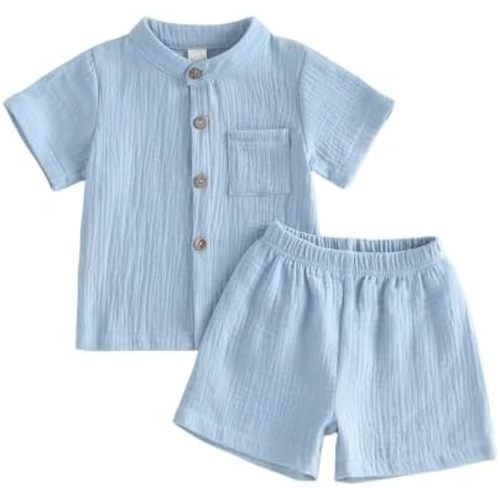 Toddler Baby Boy Shorts Set Summer Clothes Cotton Linen Short Sleeve Button-up Shirt and Shorts Spring Outfit