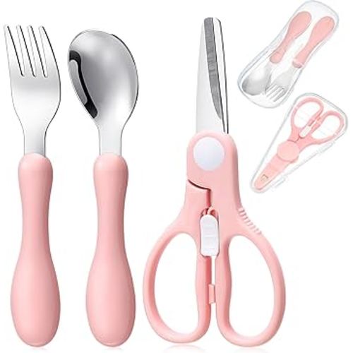 3 Pieces Toddler Utensils with Case 1 Pcs Toddler Fork and Spoon 1 Pcs Baby Food Scissor with Safety Lock Stainless Steel Baby Silverware Set Toddler Travel Essential for Safe Dining (Pink)