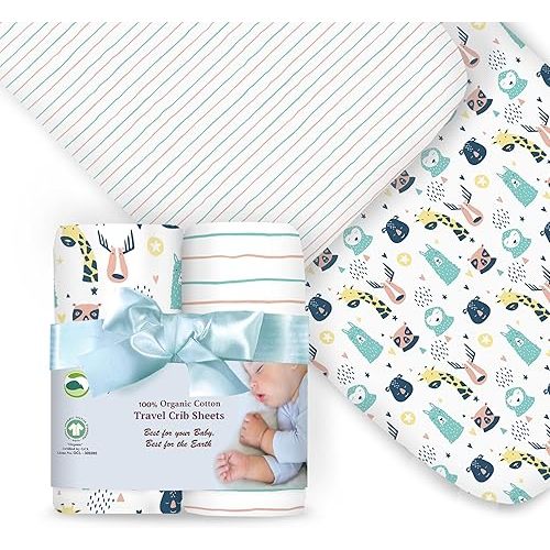 100% Organic Cotton Fitted Travel Crib/Playard Sheets for Guava Lotus, BabyBjorn, Dream on Me, Baby Joy, Chicco, Pamo Babe and All Other 24" x 42" Pads/mattresses. 4 Safety Strap Holes. 2 Pk Boy, Girl