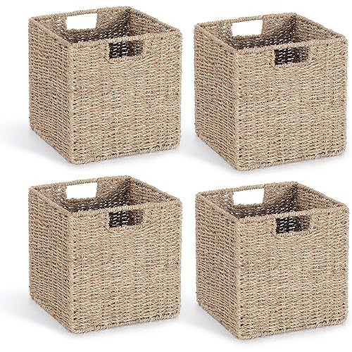 10.5 x 10.5in Seagrass Storage Baskets Set of 4, Cube Foldable Woven Storage Baskets for Shelves, Decorative Seagrass Shelf Basket