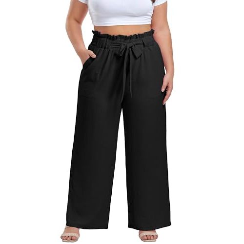 OLRIK Women's Plus Size Pants Summer High Waisted Wide Leg Casual Trousers with Pockets Self-Tie Belt (1X-5X)