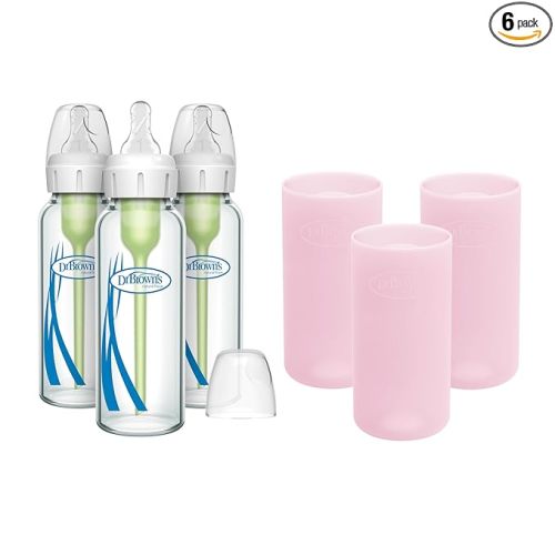Dr. Brown's Natural Flow Anti-Colic Options+ Narrow Glass Baby Bottles 8 oz/250 mL, with Level 1 Slow Flow Nipple, 3 Pack 0m+ with Pink 100% Silicone Sleeves, BPA-Free