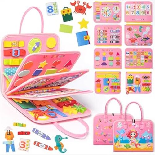 Nicecho Busy Board Montessori Toy for 1 2 3 4 Year Old Toddlers, Educational Activity Developing Sensory Board for Fine Basic Dress Motor Skills, Travel Toys for Plane Car, Gift for Boys Girls