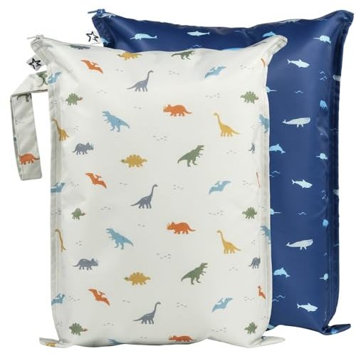 Tiny Twinkle Mess-proof Wet Bags 2 Pack Waterproof and Washable Bag for Travel storage, Stroller, Daycare, Baby Diapers, Yoga, Beach, Pool, Wet Toddler Swimsuits