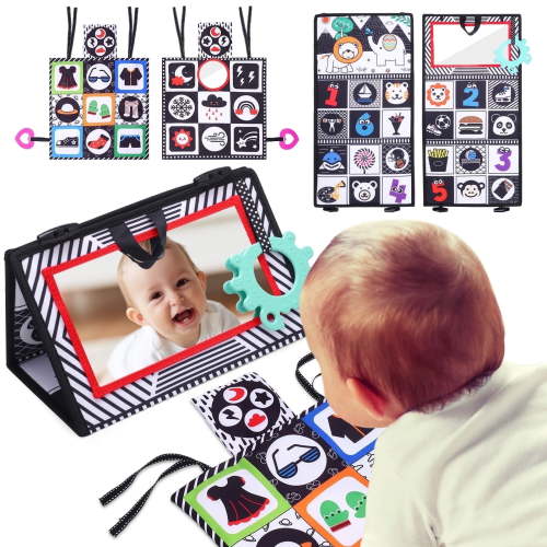 KABOER 2 Pack Tummy Mirror Soft Books, Black and White High Contrast Baby Toys for Newborn, Baby Visual Stimulation Mirror, Sensory Crinkle Toy for Infant 0-3-6-12 Months