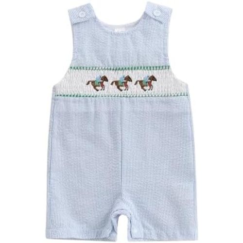 Toddler Western Baby Boy Clothes Horse Riding Embroidery Smocked Jumpsuit Sleeveless Romper Spring Summer Outfit