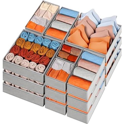 15 Pack Drawer Organizers for Clothing, Foldable Fabric Closet Organizers and Storage Bins for Baby Clothes, Dresser Drawer Dividers for Adult Sock Underwear, Bra, Scarves, Belt, Tie (Grey)