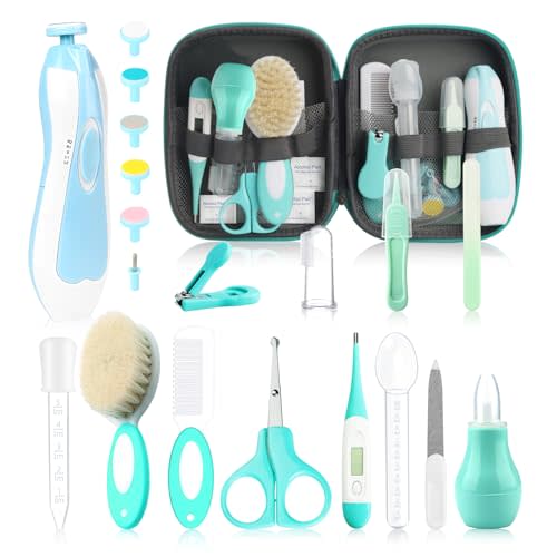 Baby Grooming Kit, Electric Safety Nail Trimmer Baby Nursery Kit，Infant Safety Care Set with Hair Brush Comb Nail Clipper Nasal Aspirator,Baby Essentials Kit for Newborn Girls Boys (25 Pc Green Kit)