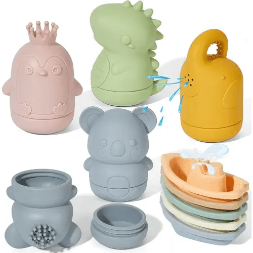 Mold Free Baby Bath Toys, 9-Piece Water Table Toys with Floating Boats for Toddlers 1-3, Silicone Bathtub Pool Baby Toys 6-12 Months, Non-Toxic Dishwasher Safe Infant Toys Baby Girl Boy Gifts