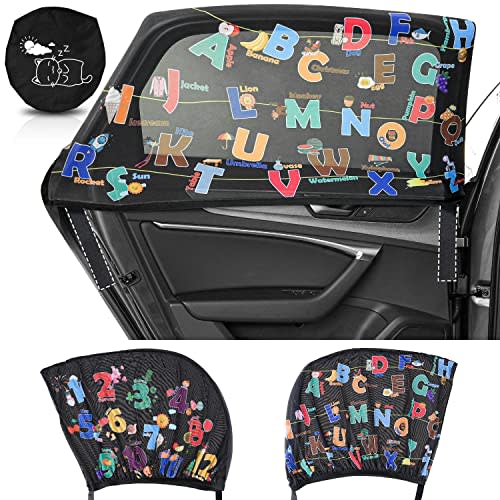 MOVINPE Car Window Shade for Baby, 2-Pack Breathable Mesh Rear Window Screens, Universal Stretchable Sun Shades, Heat and UV Block, Privacy Shield for Toddler Kids Babies (ABC+123)