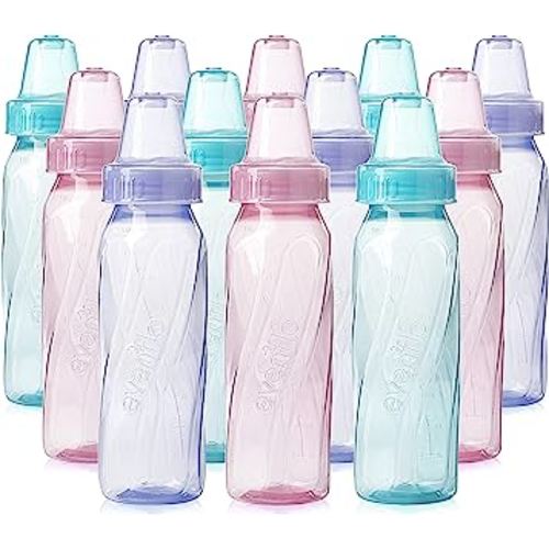 Evenflo Feeding Classic Tinted Plastic Standard Neck Bottles for Baby, Infant and Newborn, Pink/Lavender/Teal, 8 Ounce (Pack of 12)