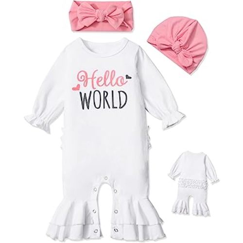 Newborn Girl Clothes Ruffle Letter Print Romper Infant Bell Bottom Jumpsuit Boho Baby Girl Clothes with Headband Hat