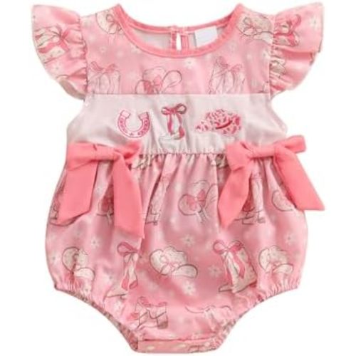 Western Baby Girl Outfit Cowgirl Smocked Bubble Romper Flutter Sleeve Bodysuit Cute Bow Onesie Newborn Summer Clothes