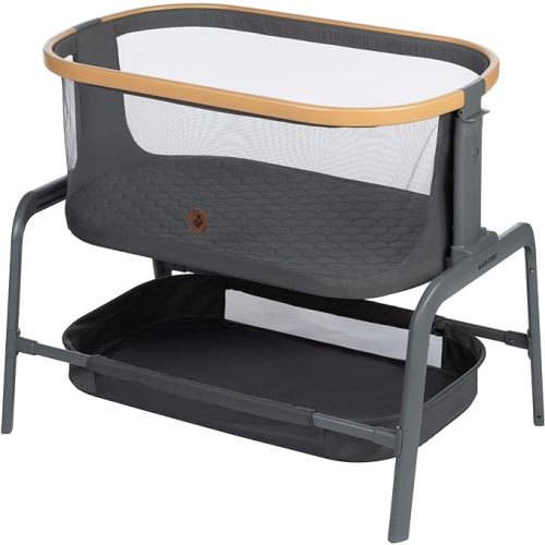 Maxi-COSI Iora Bedside Bassinet, Infant Bedside Sleeper Crib, 4 Height Positions, Portable & Folds Flat, Large Storage Basket, Includes Travel Bag, Classic Graphite