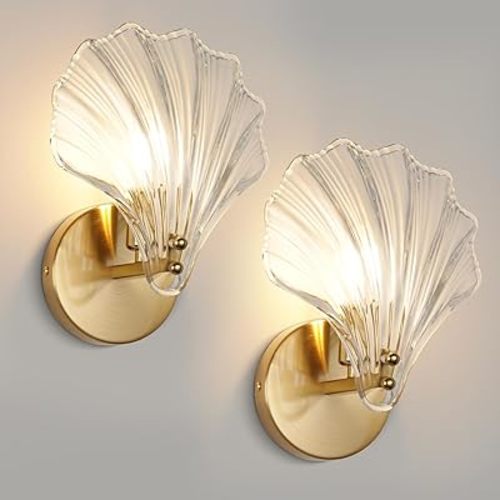 2 Pack Gold Glass Wall Sconces Crystal Wall Light with Clear Shell Shaped Glass Shades, Mid Century Gold Vanity Light Brass Bathroom Light Fixtures Beside The Mirror for Bedroom Porch Indoor