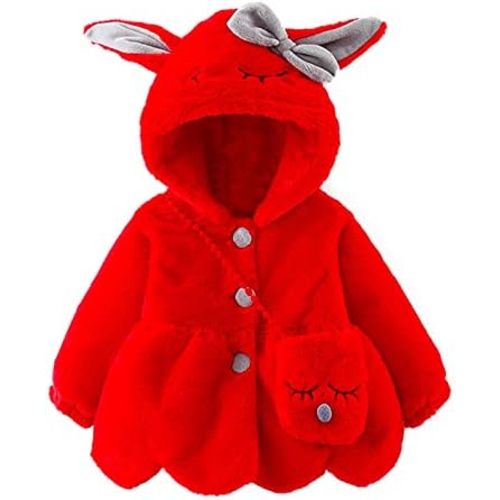 Infant Baby Girls Winter Coat Faux Fur Fleece Jacket Bunny Ear Hooded Coat with Bag Thick Button up Bubble Jacket