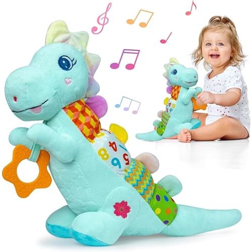 Baby Dino Plush Soft Stuffed Animal Toy for 0-3-6-12+ Months,Infant Musical Toy with Rattle,Squeaker,Sensory Crinkle,Teether & Textures,Tummy Time Toys Christmas Baby Gift for Newborn Girl Boy (Blue)