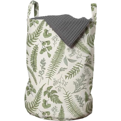 Lunarable Vintage Laundry Bag, Floral Pattern with Boxwood ed Eucalyptus Fern Maidenhair, Hamper Basket with Handles Drawstring Closure for Laundromats, 13" x 19", Reseda Green