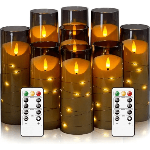 Flameless Candles with Embedded Star String, Battery Operated LED Pillar Candles with Timer and Remote Control,Home Decorating for Ambiance, Set of 9(Grey)