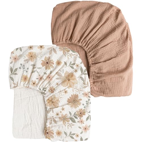 Konssy Muslin Crib Sheets 2 PCS, 100% Cotton Crib Sheet for Standard Crib Mattress(28"x 52"), Fitted and Soft Breathable Crib Mattress Sheet for Girls and Boys (Toffee, Flourish)