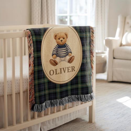 Personalized Plaid Teddy Bear Woven Baby Blanket, Baby Boy Gift, Baby Shower Gift, Custom Throw, Bear Nursery Decor