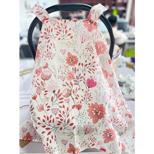 Rquite Muslin Car Seat Cover Baby, Carseat Covers Baby Girl Boy, Breathable Lightweight Infant Car Seat Cover, Baby Carrier Cover Car Seat Canopy Stroller Sun Shade for Summer & Hot Day, Universal Fit