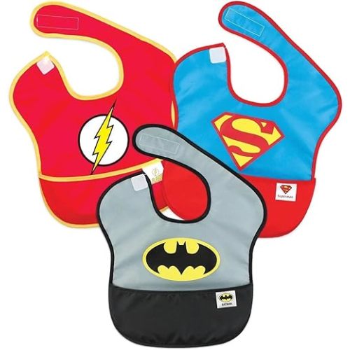 Bumkins Bibs for Girl or Boy, SuperBib Baby and Toddler for 6-24 Months, Essential Must Have for Eating, Feeding, Baby Led Weaning, Mess Saving Waterproof Soft Fabric, 3-pk DC Comics Justice League