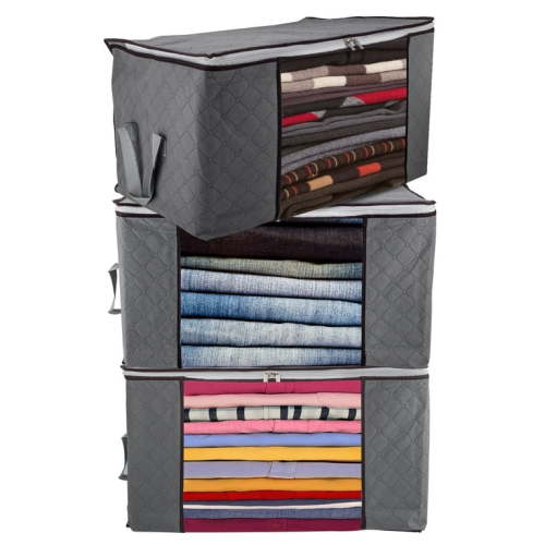 3 Pack 90L Large Clothes Storage Bags, Keylever Foldable Closet Organizers and Storage Bins for Clothing Comforters Blankets Bedding with Handle, Grey