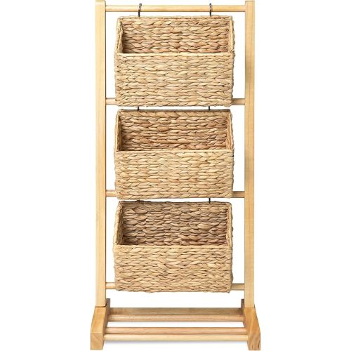 HOMESTEAD 3-Tier Wooden Shelf with Water Hyacinth Woven Baskets – Rattan Shelf Basket, Boho Room Decor, Wooden Book Shelf, Bathroom Storage Shelves, Kitchen, Laundry, Living Room (Nature Wood)