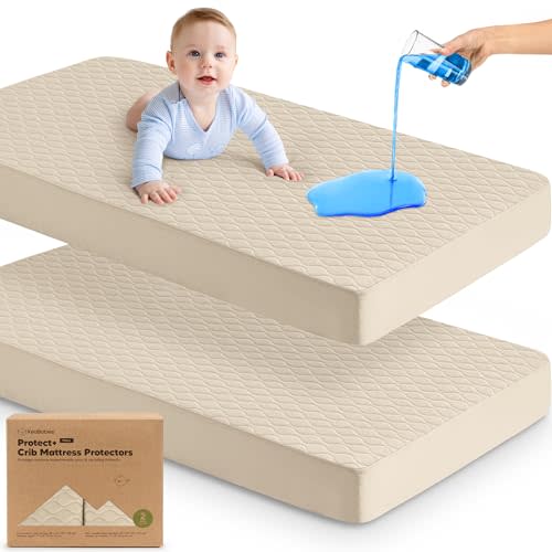 2-Pack Waterproof Crib Mattress Protector Cover Fitted - Quiet Baby Crib Mattress Pad Sheets, 52" x 28" Soft Quilted Cotton Baby Sheet, Machine Washable, Easy Fit, Durable (Oat/Mavy)