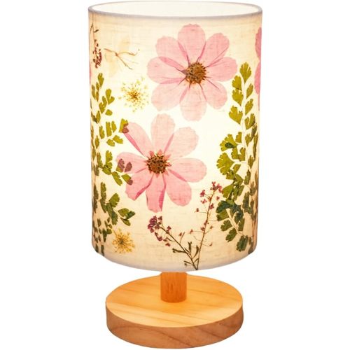 Dried Flowers Table Lamp 5W LED 3-Color Pressed Flower Bedside Lamp Linen Shade with Wood Base for Bedroom Living Room Desk Office