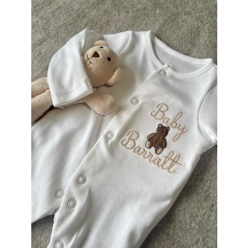 Personalised Embroidered Baby Newborn Bear Sleepsuit, Name Announcement, Gift, Coming Home Outfit, Romper, Boys, Gender Neutral, Girls