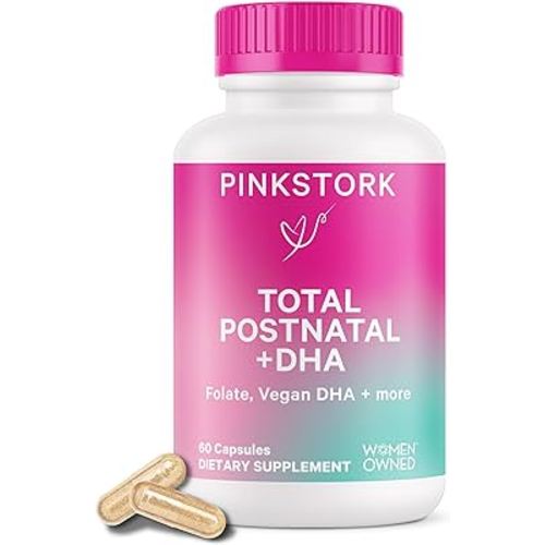 Pink Stork Total Postnatal Vitamins for Women with Vegan DHA, Iron, Folate, and Vitamin B12, Postpartum Recovery Essentials, Daily Supplement for Breastfeeding Moms - 1 Month Supply