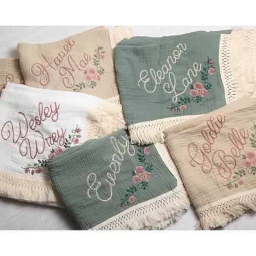 Personalized Embroidered Baby Muslin Swaddle Blanket with Name and Rose Floral Design, Organic Cotton baby swaddle, Custom Boho Baby Gift
