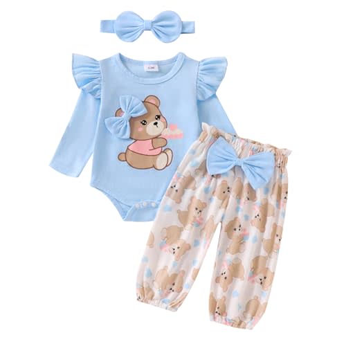 Ursobutegl Newborn Infant Baby Girl Outfits Ruffle Bear Long Sleeve Romper Bodysuit Tops Pants Set Cute Fall Winter Clothes