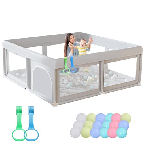 Hiaksedt 50 x 50 inch Baby Playpen with Ocean Balls and Pull Rings | Playpen for Babies and Toddlers, Baby Fence Playards, Safe Structure and Soft, Skin-Friendly Fabric with Zipper Gates.