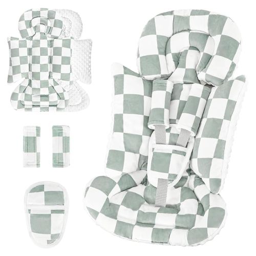 DILIMI Infant Car Seat Insert, Baby Car Seat Head Support with 3 Strap Paddings, Soft Newborn Car Seat Cushion for Stroller, Swing, Bouncers, Green Checkered