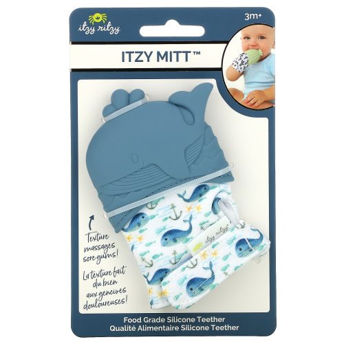 Itzy Ritzy Silicone Teething Mitt – Soothing Infant Teething Mitten with Adjustable Strap, Crinkle Sound & Textured Silicone to Soothe Sore & Swollen Gums, Whale
