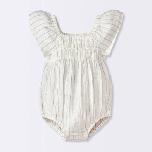 Baby Girls' Striped Puff Sleeve Romper - Cloud Island™ Cream 6-9m