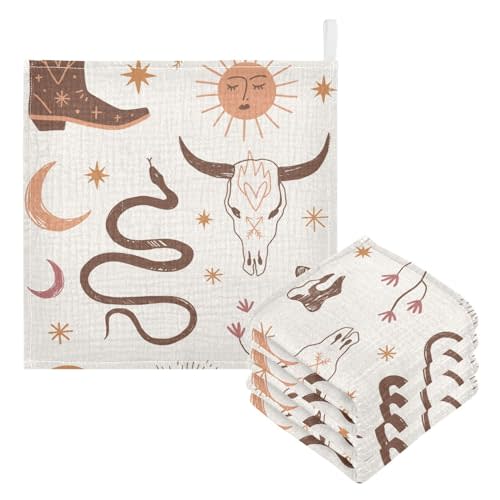 CUPADA Western Boho Cowgirl Baby Muslin Washcloths Face Towel, Wild West Burp Cloths Cotton Wipes 3 Pack Infant Wash Cloth for Newborn Boys Girls 12x12 inches