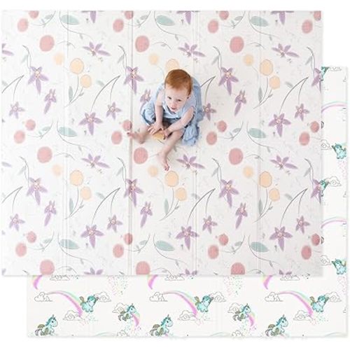 JumpOff Jo Baby Play Mat - Large Folding Foam Play Mat for Infants, Babies, Toddlers, Waterproof, Double-Sided (70" x 59") - Fairy Blossom