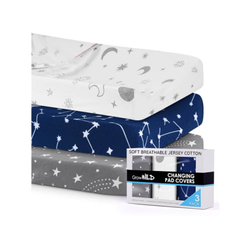 GROW WILD Changing Pad Cover 3 Pack | Soft & Stretchy Jersey Cotton | Baby Changing Table Pad Cover | Diaper Changing Pad Covers for Girls and Boys (Stars, Moon & Constellation)