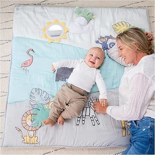 aden + anais Baby Bonding Playmat – Reversible 45” x 45” Cotton Muslin Infant Mat – Foldable Play & Tummy Time Cushion – Sensory Development Toys – Machine Washable - Non Toxic, PVC Free