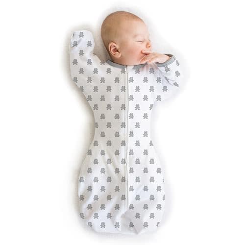 Amazing Baby Transitional Swaddle Sack with Arms Up Half-Length Sleeves and Mitten Cuffs, Tiny Bear, Sterling, Small, 0-3 mo, 6-14 lbs (Better Sleep for Baby Boys, Baby Girls,Easy Swaddle Transition)