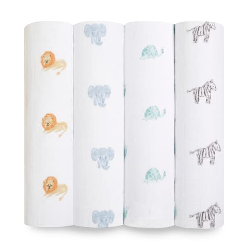 aden + anais Swaddle Blanket, 100% Organic Cotton Muslin Blankets for Girls & Boys, Baby Receiving Swaddles, Ideal Newborn & Infant Swaddling Set, 4 Pack, Animal Kingdom