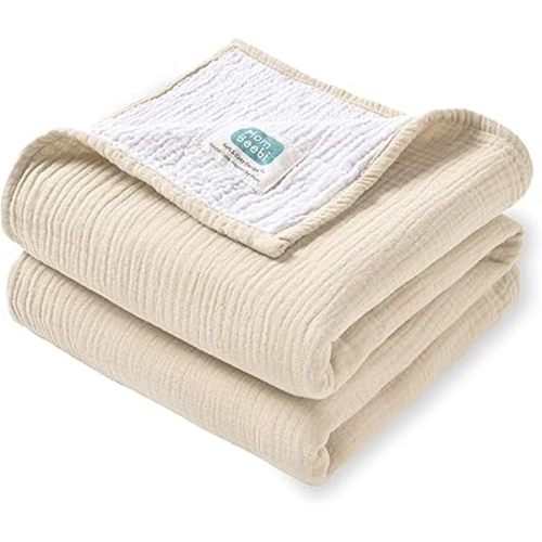 Muslin Baby Blanket, 100% Cotton Newborn Receiving Blanket, Perfect Size 37''x37'' Soft Baby Crib Blanket for Boys and Girls, 4-Layer Muslin Baby Swaddle Blanket (Beige)