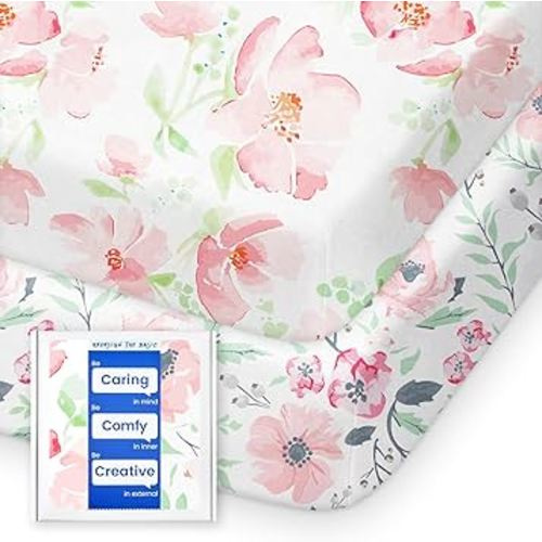 Pack N Play Sheets Girl, TotBasic Floral Mini Crib Sheets Fitted, Premium Jersey Knit Pack and Play Sheets, Stretchy Play Yard Sheets for Pack and Play Mattress, 2 Pack (Pink Floral)